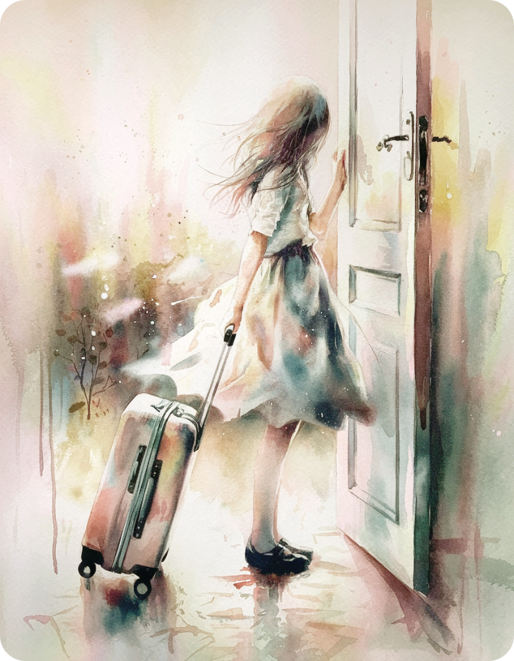 Watercolor illustration of a girl arriving at a new home with her suitcase